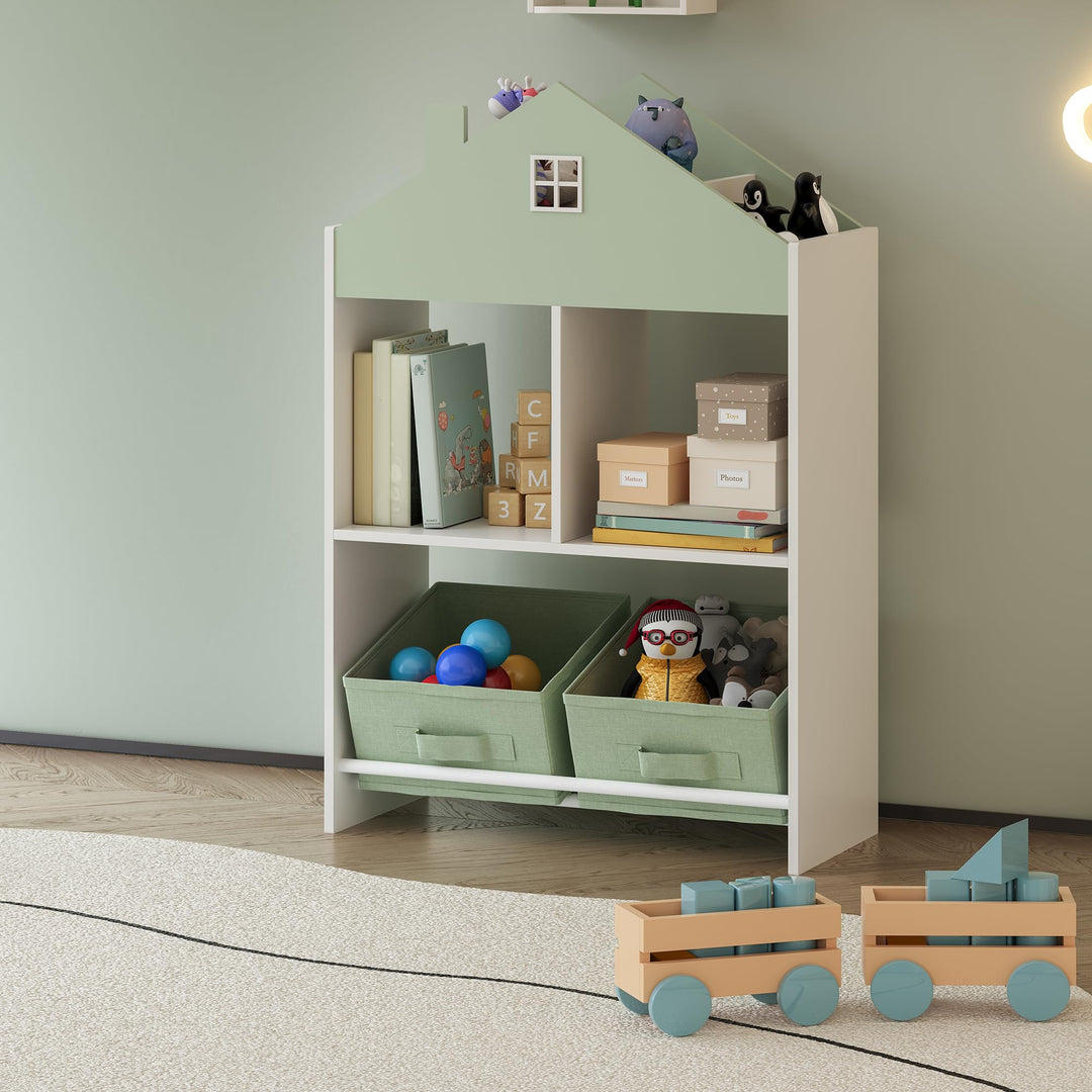 [en.casa] Kinder Bücherregal Vipsali Kinderregal in Hausoptik mit 2 faltbaren Aufbewahrungsboxen Spi
