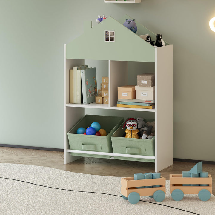 [en.casa] Kinder Bücherregal Vipsali Kinderregal in Hausoptik mit 2 faltbaren Aufbewahrungsboxen Spi