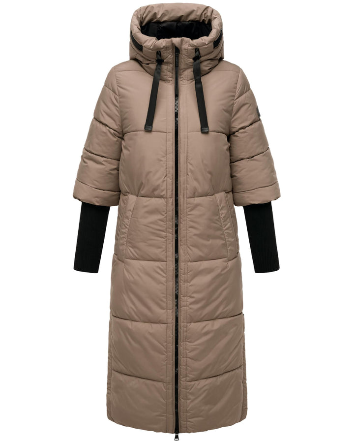 Navahoo Damen langer Wintermantel warmer Steppmantel mit Kapuze und Rippstrickärmeln Ciao Miau XIV X