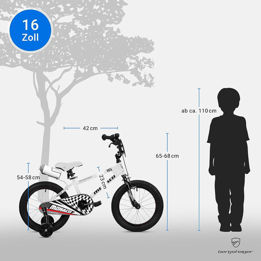 Bergsteiger Monaco 16 Zoll Kinderfahrrad, geeignet für 4, 5, 6 Jahre, BMX, Stützräder, Rücktrittbrem