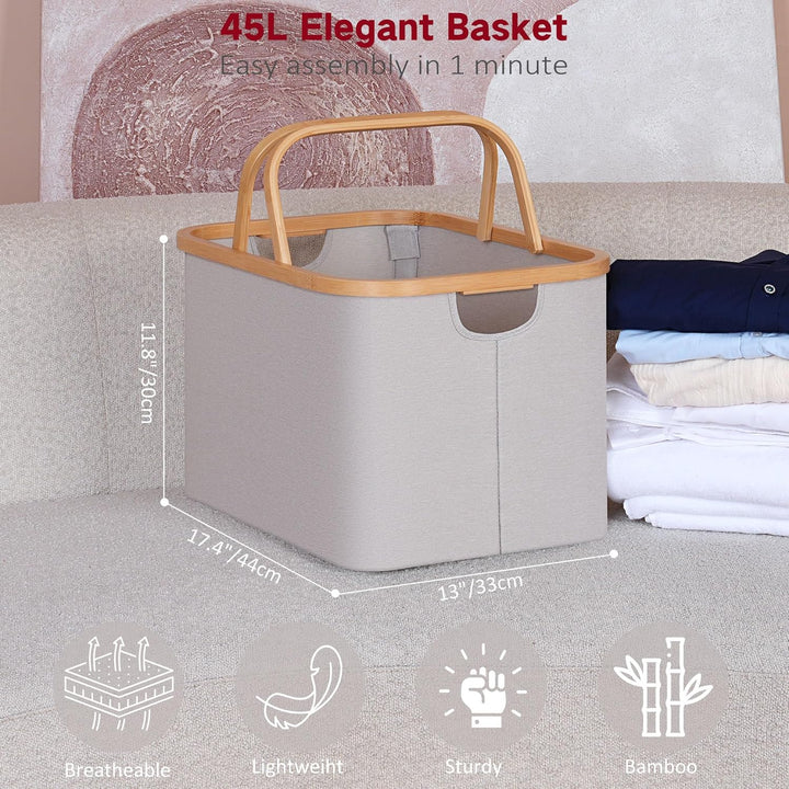 efluky Faltbarer Wäschekorb 43L, Bambus Stoff Faltbarer Storage Basket, Aufbewahrung Klappbar Wäsche