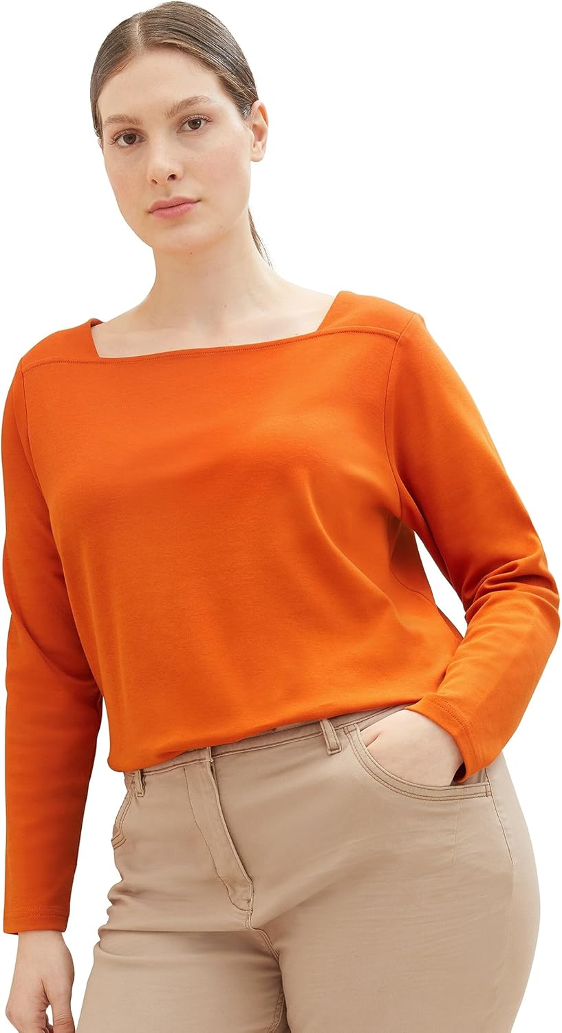 TOM TAILOR Damen Basic Langarmshirt mit Carree-Ausschnitt 44 19772 - Gold Flame Orange, 44 19772 - G