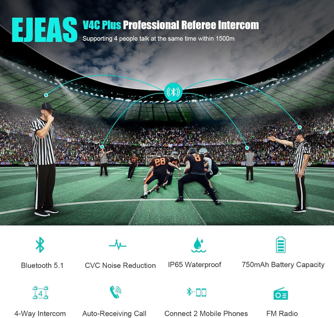 EJEAS V4C Plus Professionelles Fussball-Schiedsrichtersprechgerät, Bluetooth-Headset, 1200 m, 4 Pers