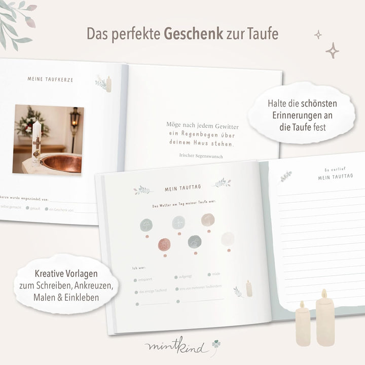 mintkind® Taufbuch Baby Meine Taufe Ausfüllbuch und Gästebuch zur Taufe mit Platz für Fotos Einträge