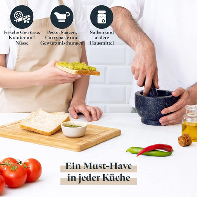 GOURMEO Mörser mit Stössel - Set in Gross aus Massivem Granit Stein - 7 cm Tiefer Mörser mit Aufgera