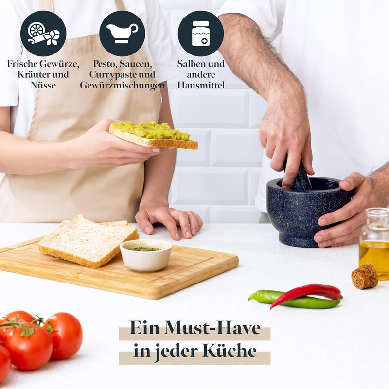 GOURMEO Mörser mit Stössel - Set in Gross aus Massivem Granit Stein - 7 cm Tiefer Mörser mit Aufgera