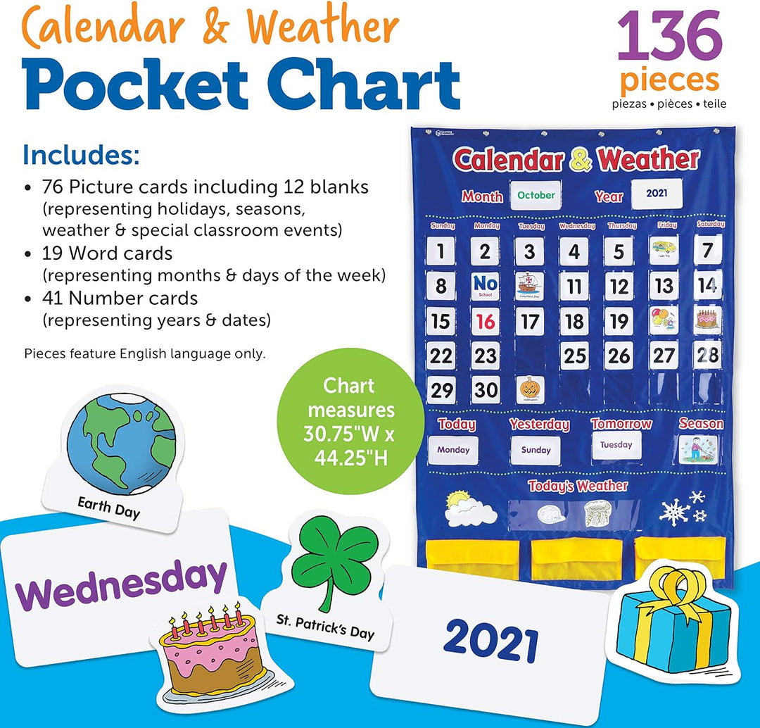 Learning Resources Kalender & Wetter Taschenplan, Klassenzimmer-Organisation, 136 Stück, mehrfarbig,