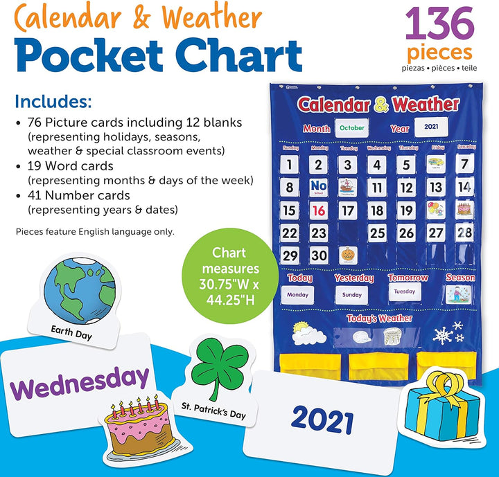Learning Resources Kalender & Wetter Taschenplan, Klassenzimmer-Organisation, 136 Stück, mehrfarbig,
