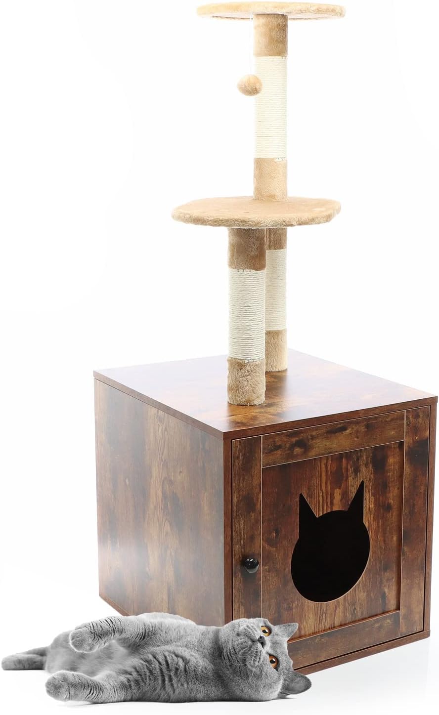 Fudajo Design Kratzbaum mit Box aus Holz vintagebraun multifunktional Kratzmöbel und Katzentoilette