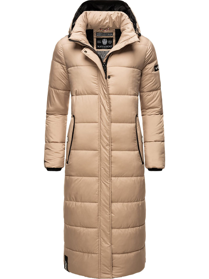 Navahoo Damen Wintermantel warmer Steppmantel lang mit abnehmbarer Kapuze Isalie XS-3XL XL Taupe, XL
