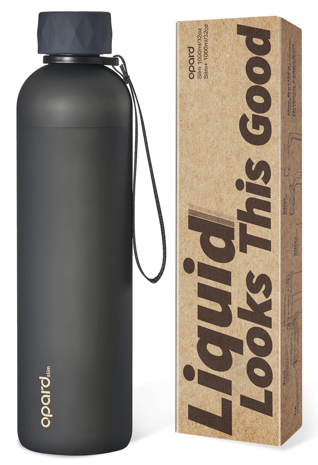 Opard Slim Pro Trinkflasche 1l, Kohlensäuregeeignete Wasserflasche mit facettiertem gummiertem Griff
