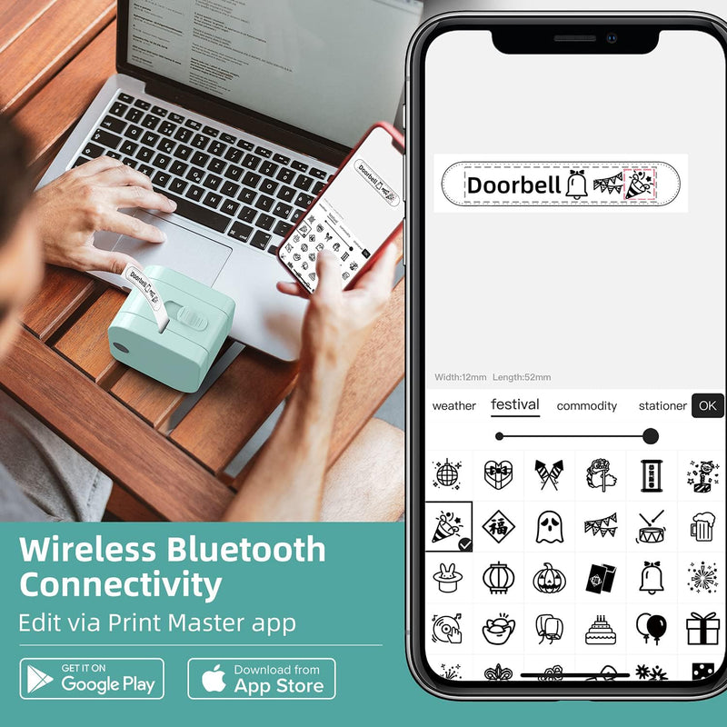 Phomemo P12 Bluetooth Beschriftungsgerät Selbstklebend Etikettiergerät Labeldrucker, Mit 1 Etiketten