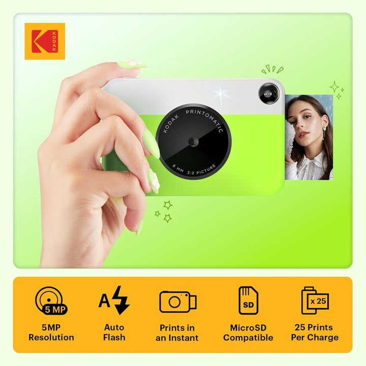 KODAK Printomatic Sofortbildkamera (Grün) Basis-Paket + Zinkpapier (20 Blätter) Etui + Bequemer Hals