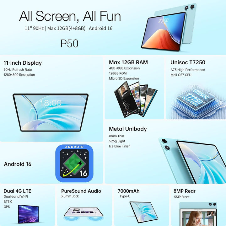 TECLAST P50 Android 16 Tablet 11 Zoll Gemini AI, 90Hz Display, T7250 Octa Core Gaming, 4G LTE Dual S