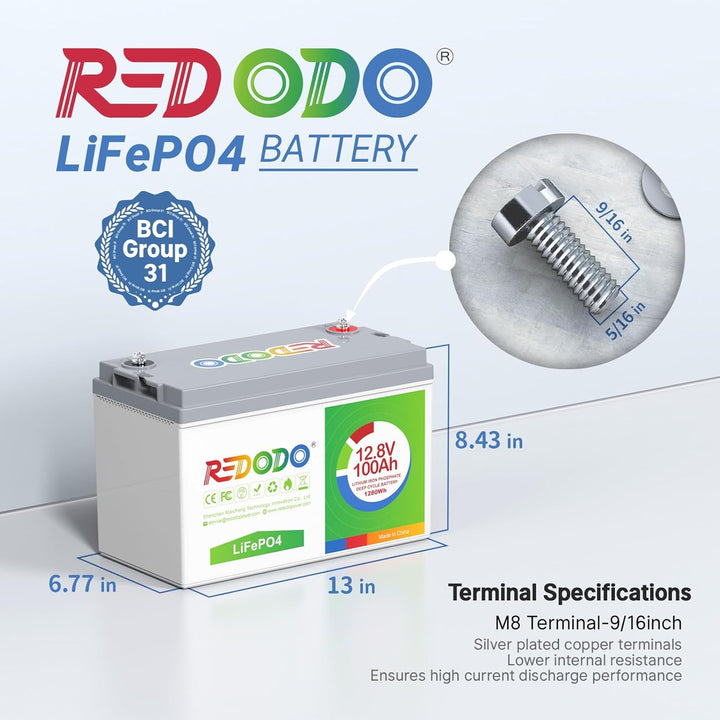 Redodo 12V 100Ah LiFePO4 Batterie, 1280Wh Lithium Akku über 4000 Mal Tiefzyklus, wiederaufladbare Ba