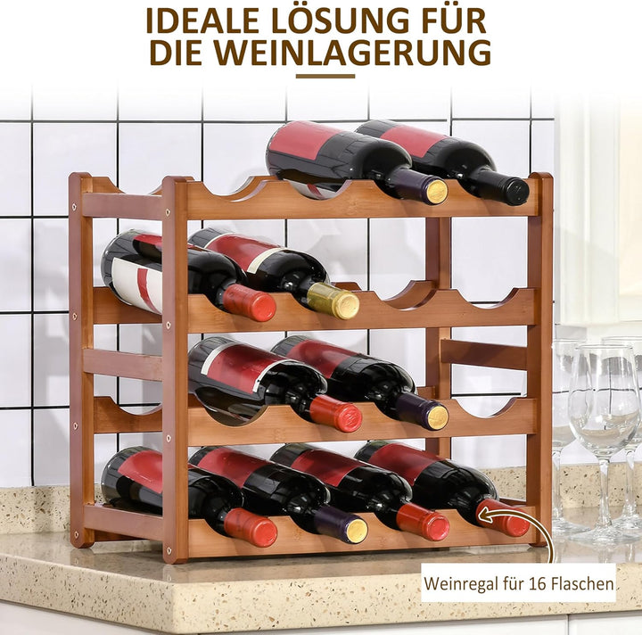 HOMCOM Weinregal für 16 Flaschen Stapelbar Flaschenregal Flaschenhalter Weinflaschenhalter aus Bambu