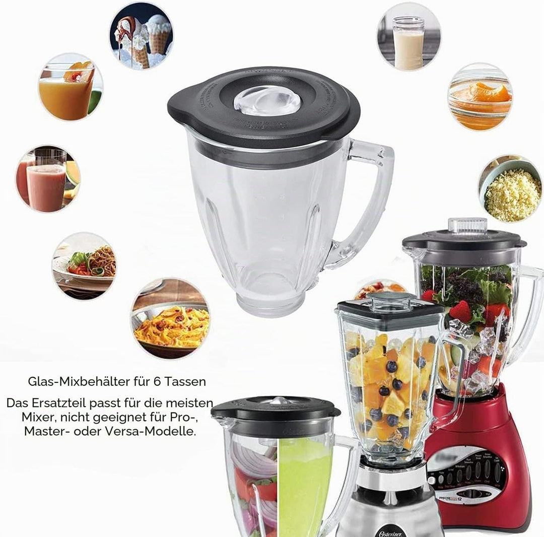 Ersatz Kompatibel mit Oster und Osterizer Standmixer, Runder Glaskrug 6 Tassen 1,5L mit Deckel Kompa