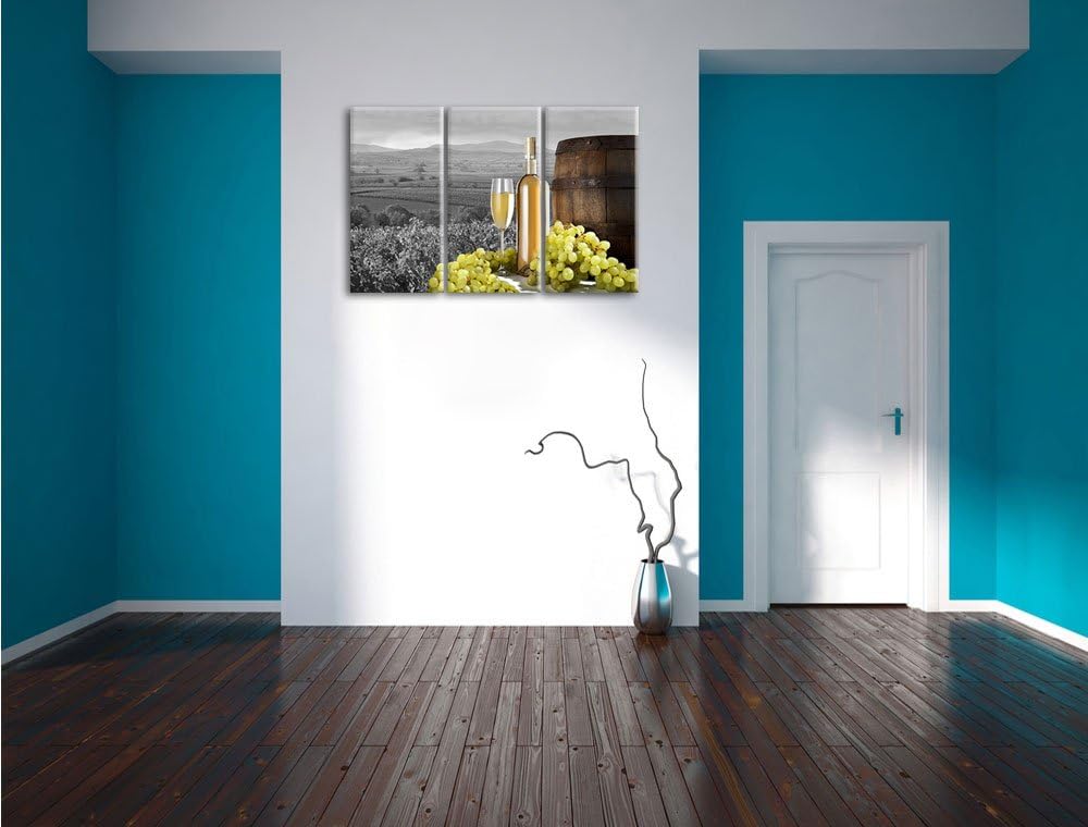 Pixxprint Weinreben mit Weinflasche und Fass Schwarz/Weiss 3-Teiler Leinwandbild 120x80 Bild auf Lei