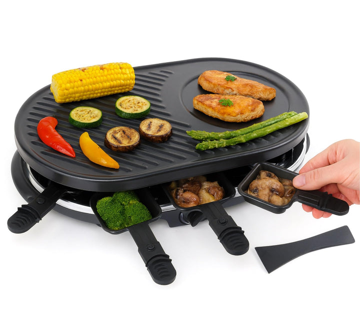 Raclette Set für 8 Personen - Grill oval - Crepes Funktion - Tischgrill inkl. Pfännchen & Schaber mi