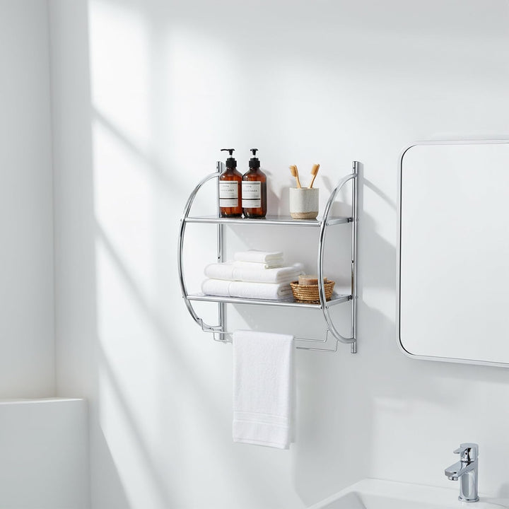 Relaxdays Badregal, Wandregal mit 2 Ablagen, 2 Handtuchstangen, HBT 54,5 x 44,5 x 25,5 cm, Badezimme