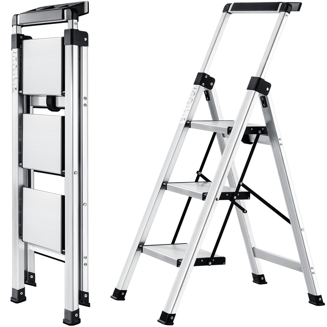 XinSunho Stufenleiter, Klapptritt 3 Stufen mit Ausziehbarem Handlauf, Aluminium Tritthocker, rutschf