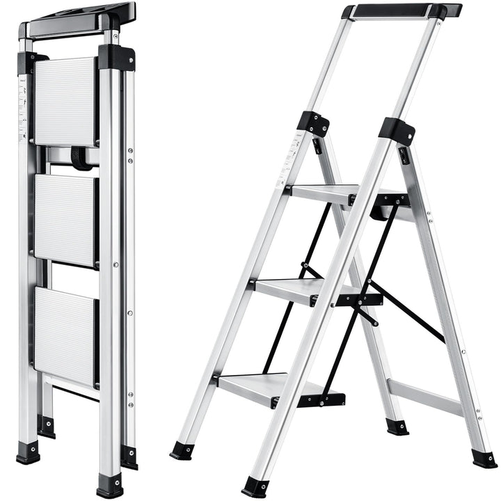 XinSunho Stufenleiter, Klapptritt 3 Stufen mit Ausziehbarem Handlauf, Aluminium Tritthocker, rutschf