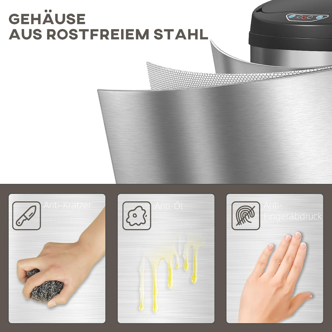 HOMCOM Mülleimer mit Sensor 30L Edelstahl Automatischer Leiser Mülleimer mit Soft-Close-Deckel, Bewe