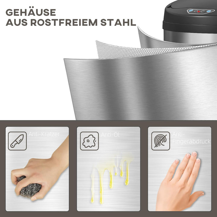 HOMCOM Mülleimer mit Sensor 30L Edelstahl Automatischer Leiser Mülleimer mit Soft-Close-Deckel, Bewe