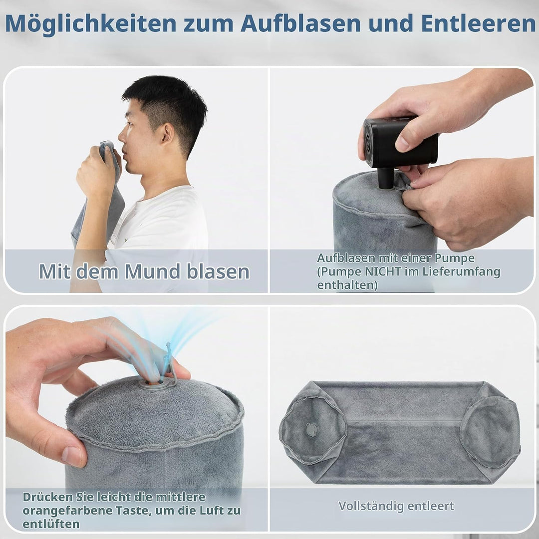 ONTYZZ Nackenrolle Aufblasbar Nackenkissen Grau Nackenstütz-Kissen Schläfchen Nackenhörnchen Rund So