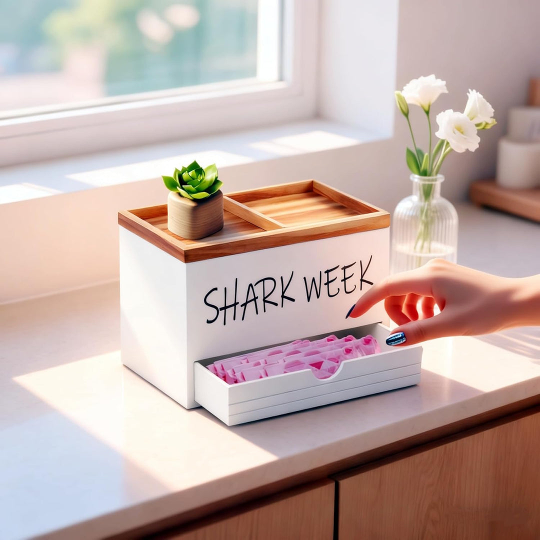 Tampon Aufbewahrungsbox 3 Fächer mit Deckel und Schublade, Badezimmer Organizer Holz Wattepadspender