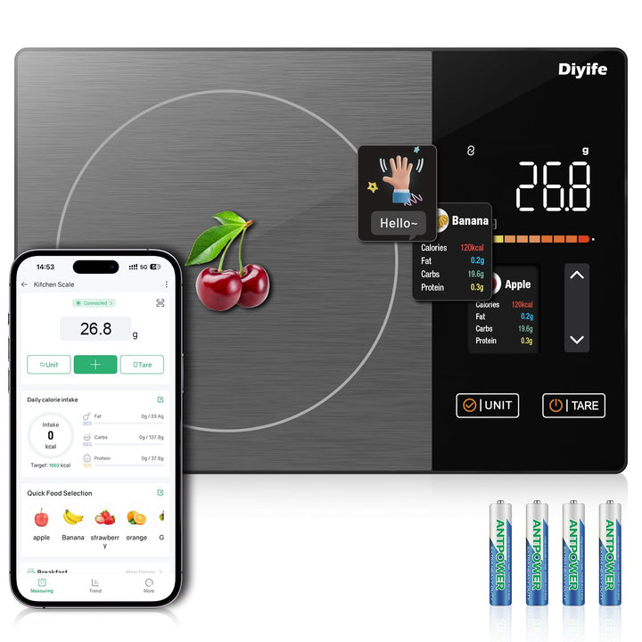 Diyife Smart Küchenwaage mit Kalorienzähler, Farbigem TFT-Display Lebensmittelwaage, APP-Kompatibel