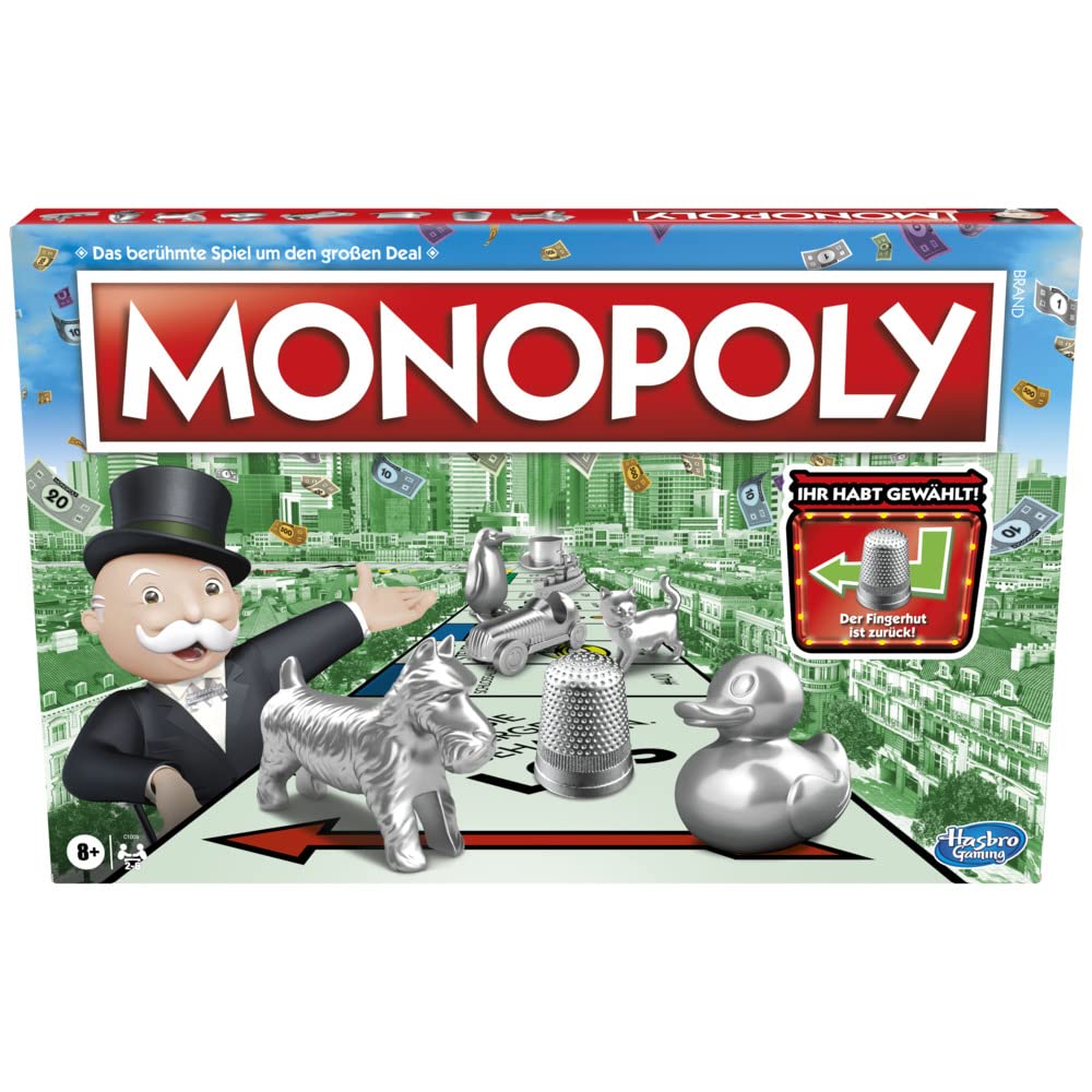 Monopoly Spiel, Familien-Brettspiel für 2 bis 6 Spieler, ab 8 Jahren für Kinder, mit 8 Spielfiguren