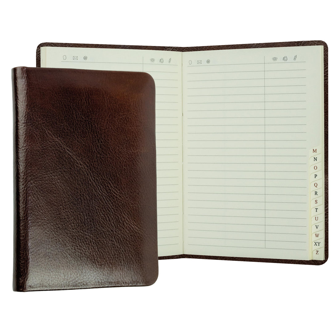 DELMON VARONE - Personalisierbares Adressbuch DIN A6 gebunden mit A-Z Register Vintage Anilin Leder