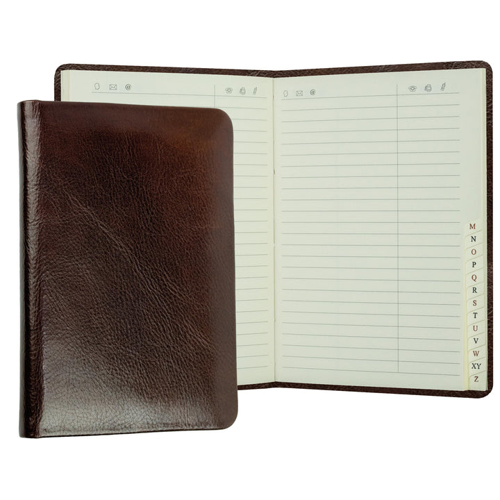 DELMON VARONE - Personalisierbares Adressbuch DIN A6 gebunden mit A-Z Register Vintage Anilin Leder