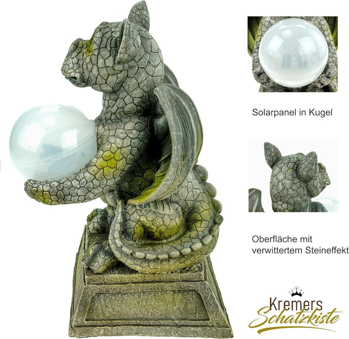 Kremers Schatzkiste Drachenkind mit Solarkugel 30 cm Drache Figur Gartenfigur Solarfigur Dragon Gesc