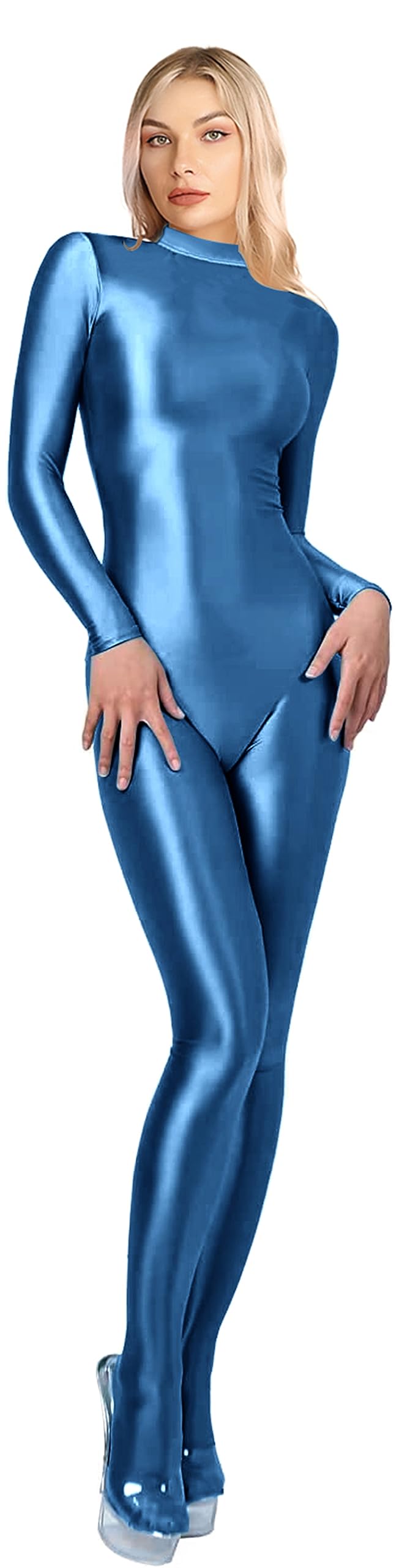 200D blickdichter Einteiler Badeanzug High Stretch Glänzender Body Reissverschluss Rücken, Dunkelbla