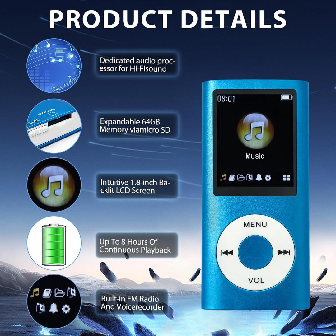 MP3/MP4-Player Musikplayer Unterstützt Bis zu 64 GB TF-Karte Tragbar HiFi-Musikplayer mit Kopfhörer