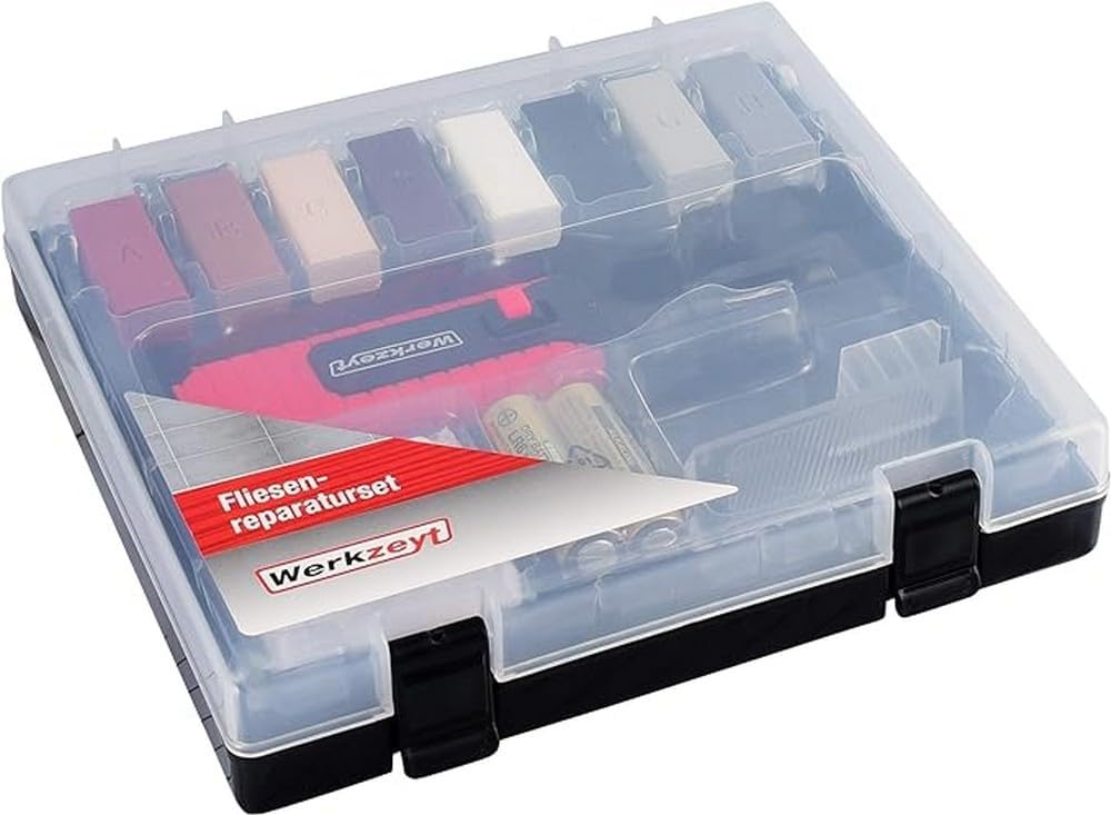 Fliesen-Reparatur-Set 14-teilig - 8 unterschiedliche Farbtöne - Inkl. Wachsschmelzer, Hobel & Schlei