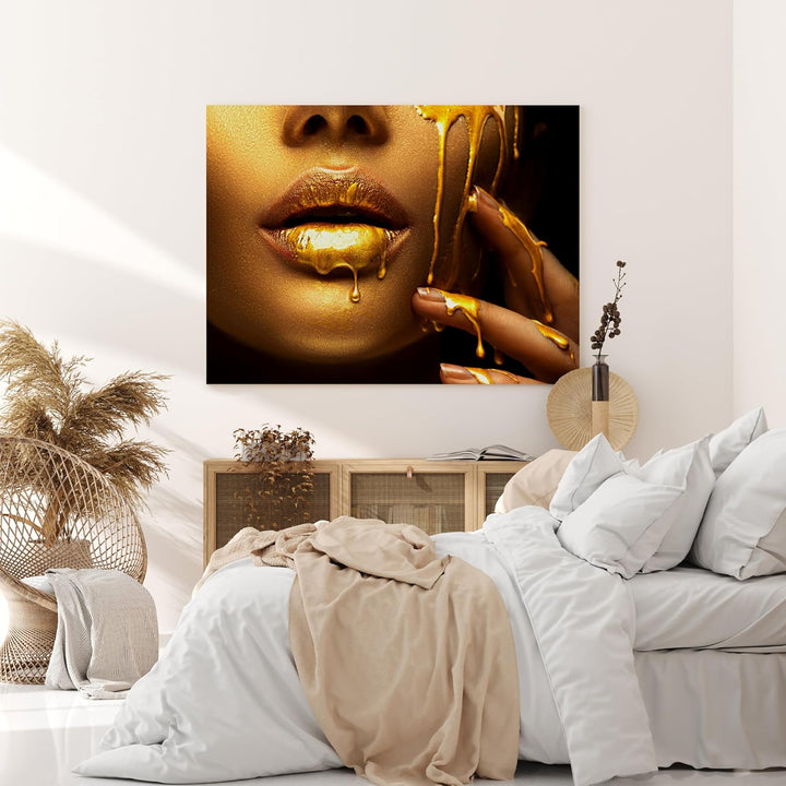 wandmotiv24 Leinwand-Bild Gold Collection, Grösse 60x45cm, Querformat, Frau in Gold, tropfende Farbe