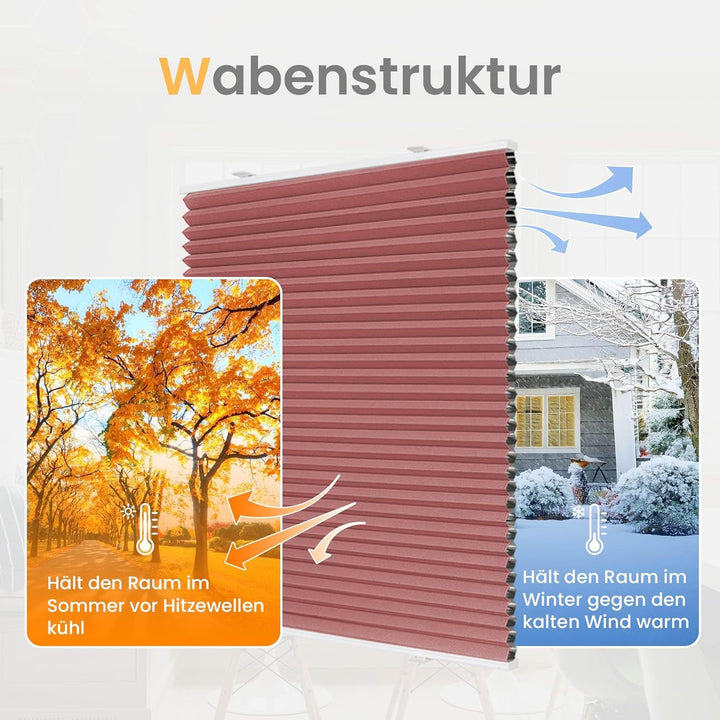 BelleMax Wabenplissee ohne Bohren Verdunkelung Thermo Plissee Klemmfix, Weinrot-weiss 40x110cm(BxH),