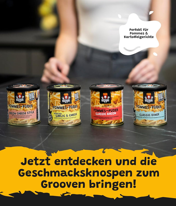 Rock'n'Rubs® Pommes-Puder 4er Set Classic Bacon, Bacon Cheese, Roasted Garlic & Cheese – Würzmischun
