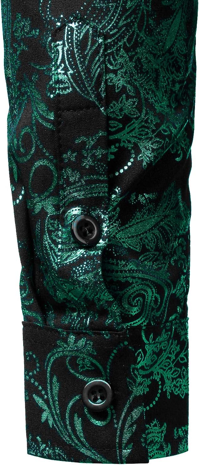 PARKLEES Herren Luxus Paisley Gemustert Golden Glänzend Slim Fit Freizeithemd XL Schwarz Dunkel Grün