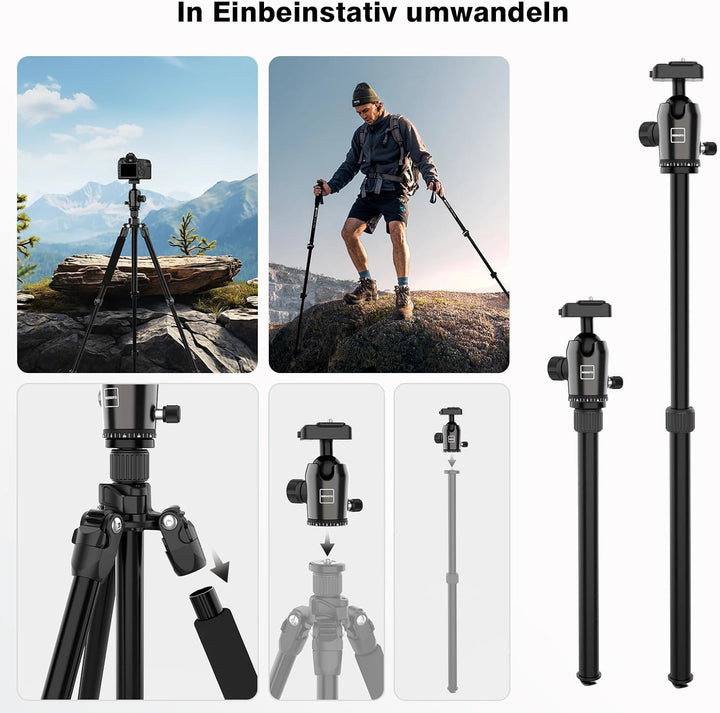 GEEKOTO 77”Kamera Stativ, DSLR Camera Tripod Aluminum Reisestativ mit Einbeinstativ und 360° Panoram