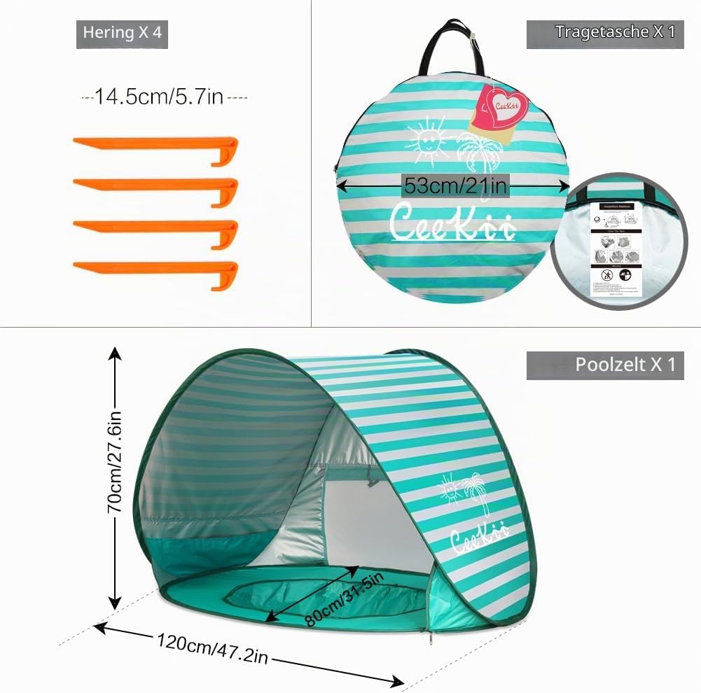 Baby Strandmuschel Pop Up Sonnenschutz Strand mit Minipool, Strandzelt UV Schutz, Atmungsaktiv Porta
