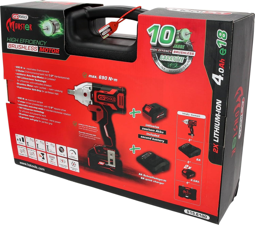 KS Tools 515.6100 eMONSTER 1/2“ Brushless-Akku-Schlag-Schrauber-Satz, 9-tlg