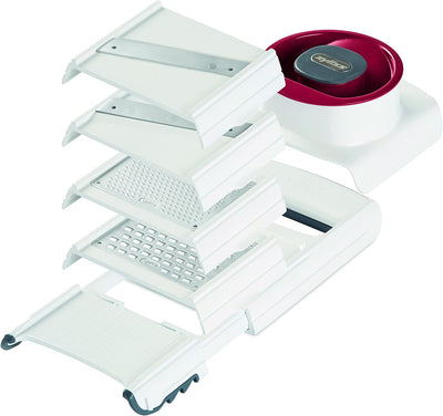 Zyliss E900027 4 in 1 Gemüsehobel, Kunststoff/Edelstahl, weiss/Rot, Mit 4 Schneide und Reibeiensätze