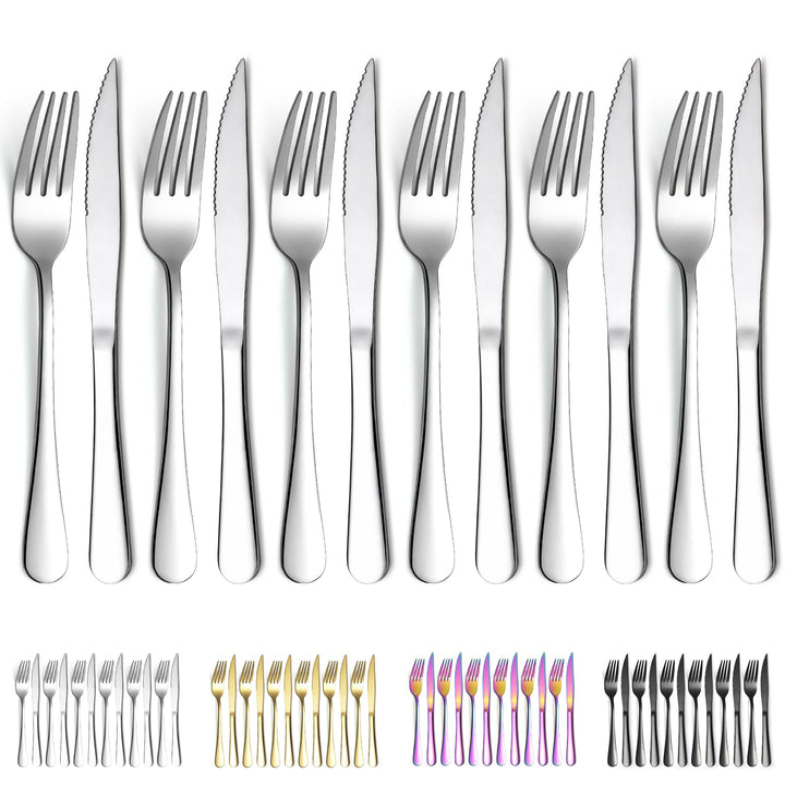 Evanda Steakbesteck 12 teilig, Edelstahl 6 Tafelgabeln und 6 Tafelmesser Set, Steakmesser Steakgabel
