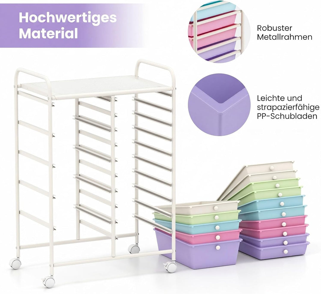 COSTWAY Rollwagen mit 15 stapelbaren Schubladen, Schubladenwagen Rollcontainer mit Metallgestell und