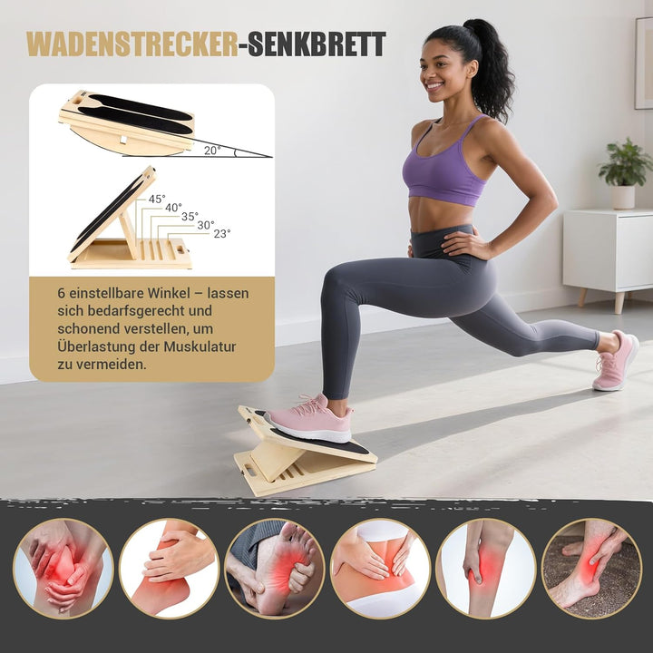 Wadendehner Schrägbrett aus Holz, 3-in-1 Slant Board mit 6 Winkeln und Trainingsposter, Verstellbar