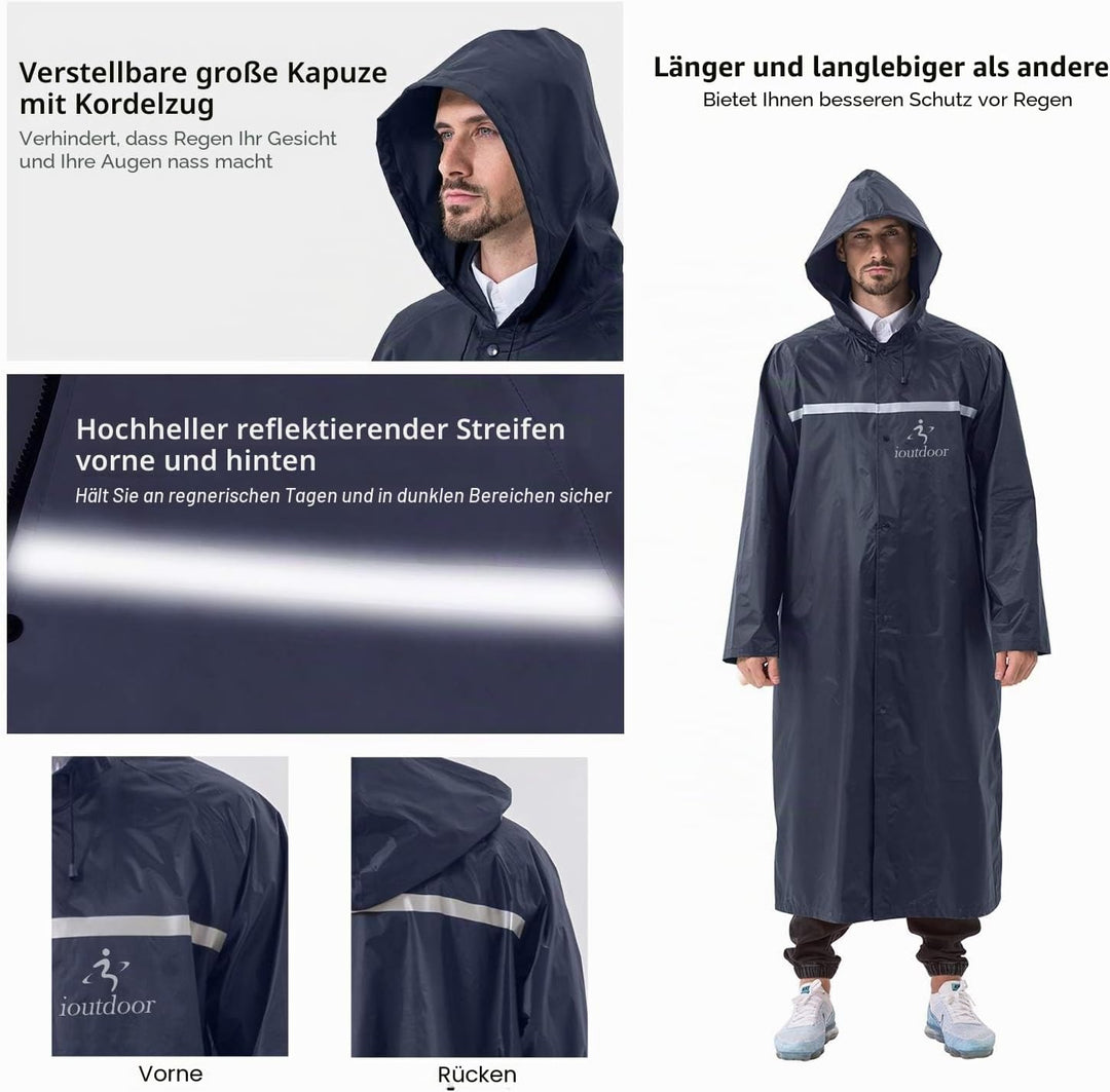 ioutdoor Regenmantel 100% Wasserdicht, der Extra Lange Regenschutz mit Taschen/Reflexstreifen/Kordel